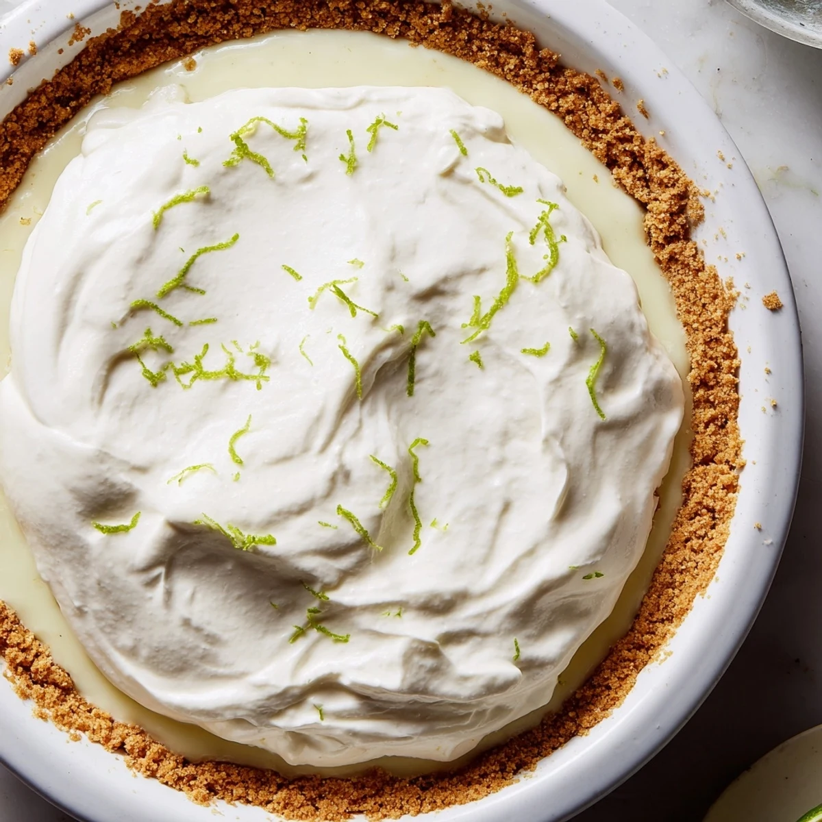 Freshly baked Key Lime Pie with Whipped Cream Topping emerges from the oven with a golden graham cracker crust and a bright green filling.