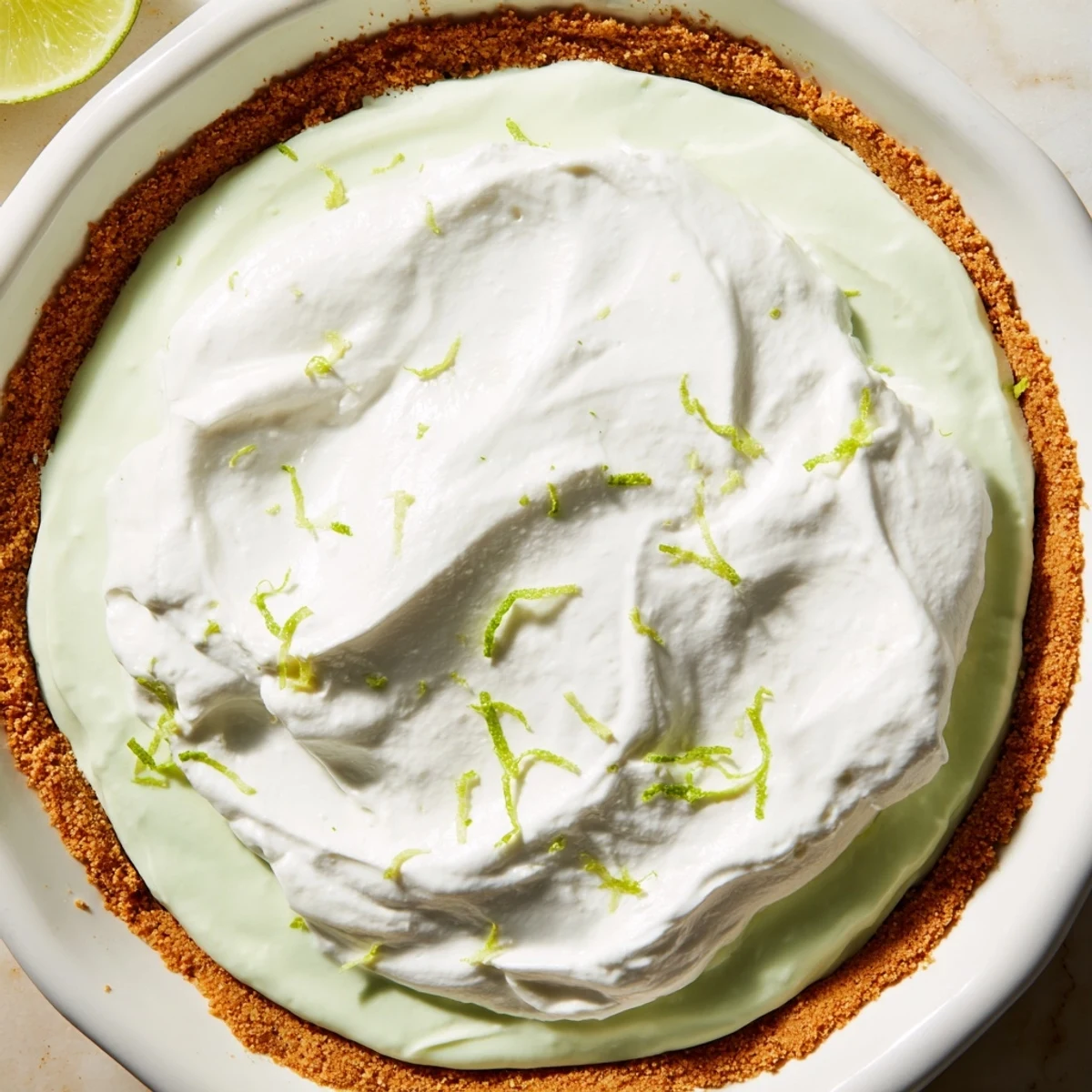 A chilled slice of Key Lime Pie with Whipped Cream Topping is served on a white plate with a dollop of fluffy cream.