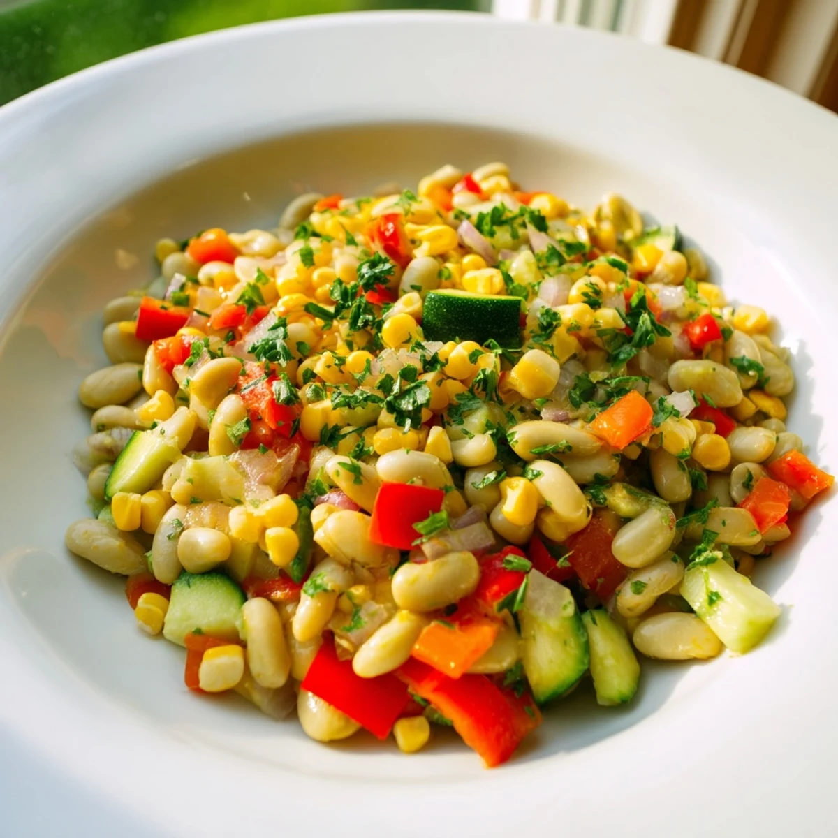 A warm bowl of Succotash with Lima Beans and Corn, featuring tender vegetables and fresh herbs, ready to serve.