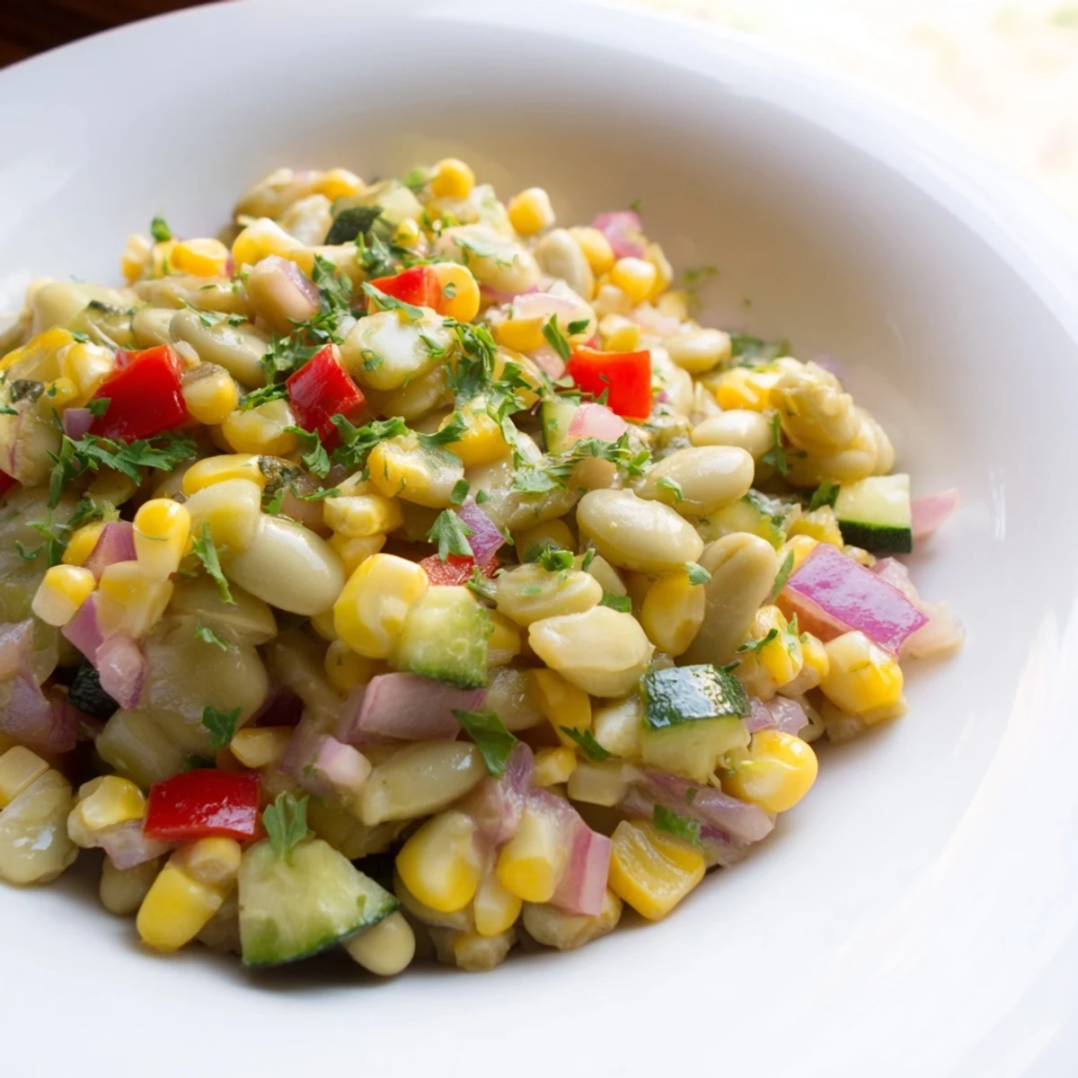 Succotash with Lima Beans and Corn sizzles in a skillet with colorful peppers and zucchini, perfect for a summer side.