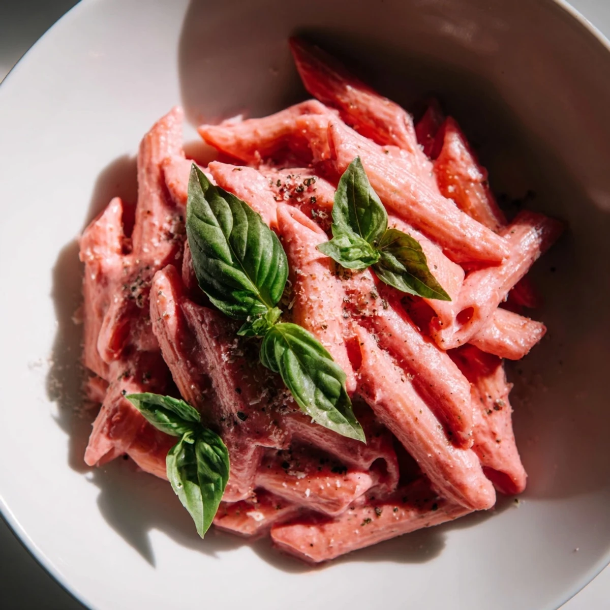 Creamy homemade Pink Pasta with Beet Cream Sauce served with fresh basil and grated Parmesan on a rustic table.