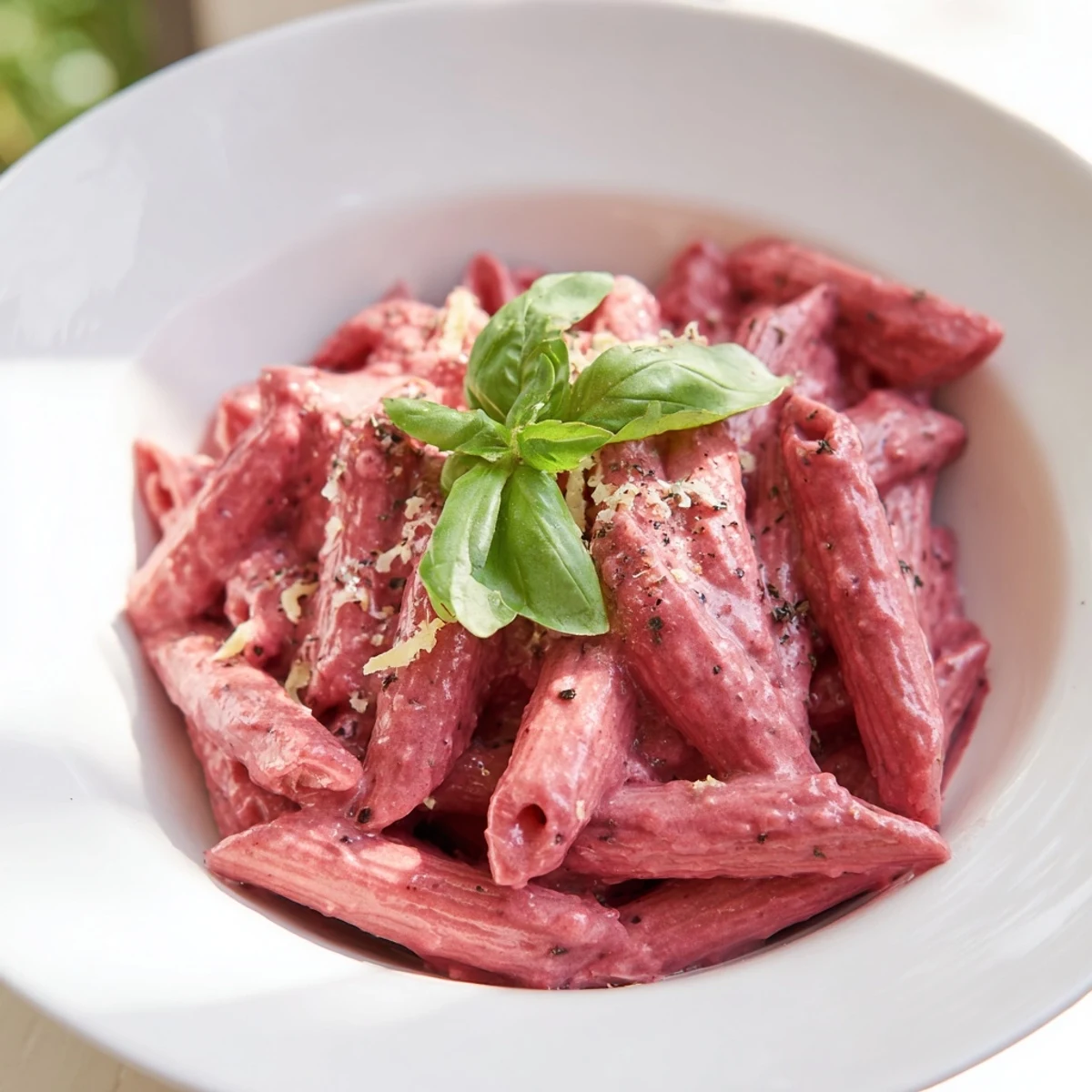 Bright vegetarian Pink Pasta with Beet Cream Sauce twirled on a fork, showing its vivid pink color and creamy texture.