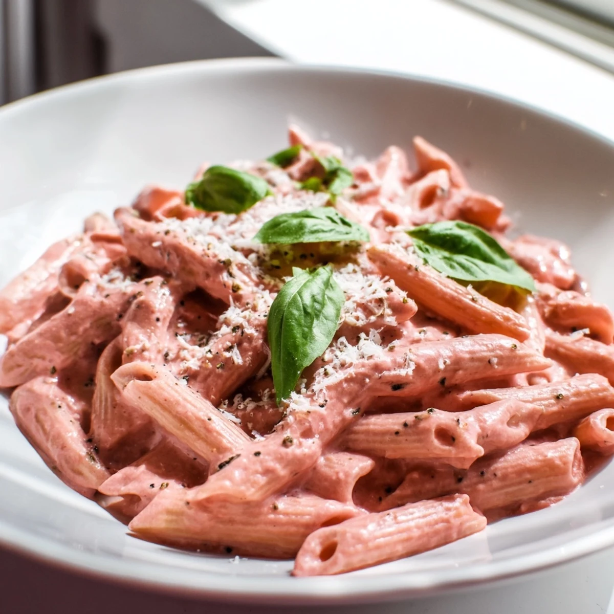 Elegant plated Pink Pasta with Beet Cream Sauce alongside a crisp salad and white wine for a complete dinner.