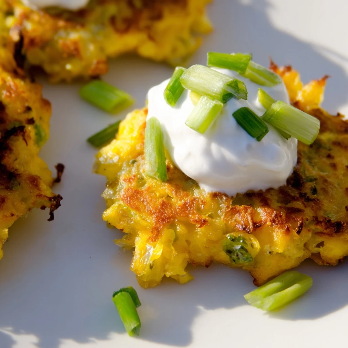 Golden-brown Potato Cakes with Scallions and Sour Cream arranged on a white plate.