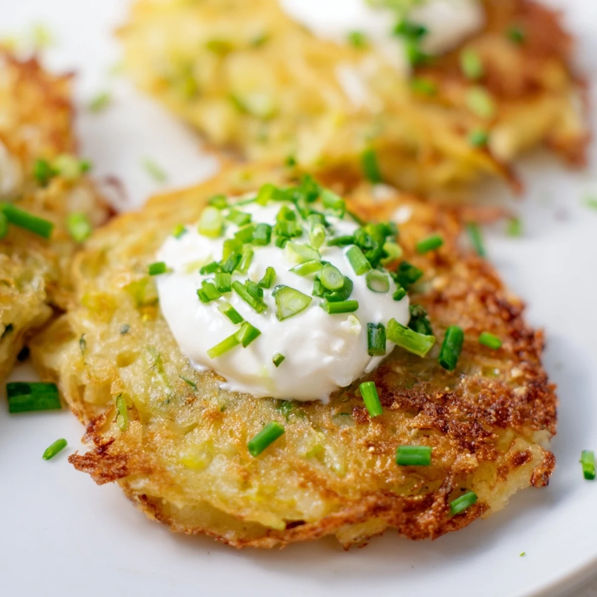Freshly fried Potato Cakes with Scallions and Sour Cream served hot from the skillet.