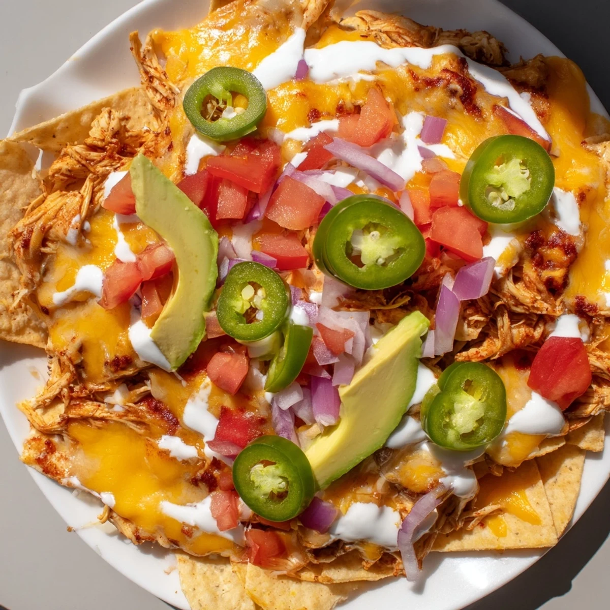 Golden-brown tortilla chips piled high with tender shredded chicken, melted cheddar, and spicy jalapeños on a baking sheet.