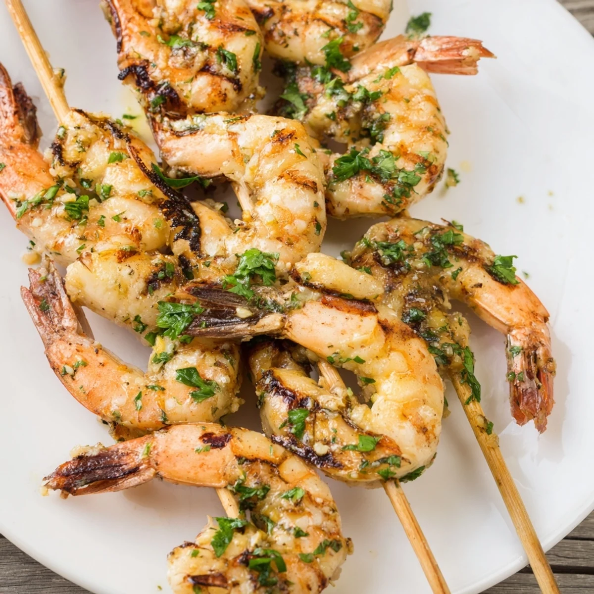 A close-up of Lemon Garlic Shrimp Skewers sizzling on the grill with lemon wedges ready for serving.  