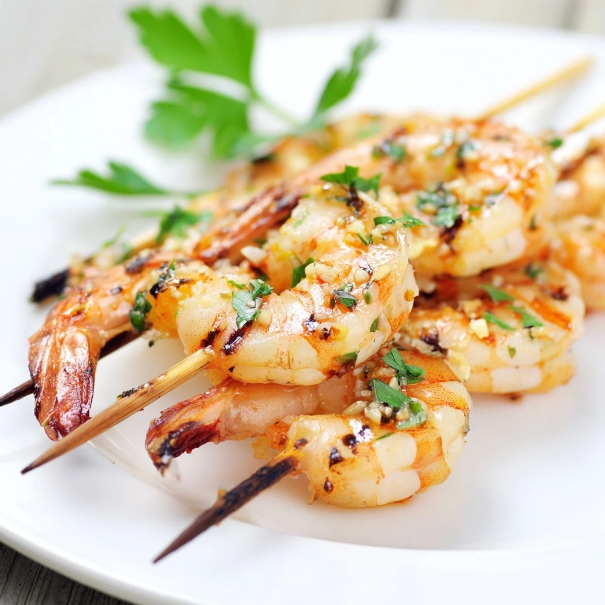 Lemon Garlic Shrimp Skewers arranged on a white plate with a green salad and crusty bread.