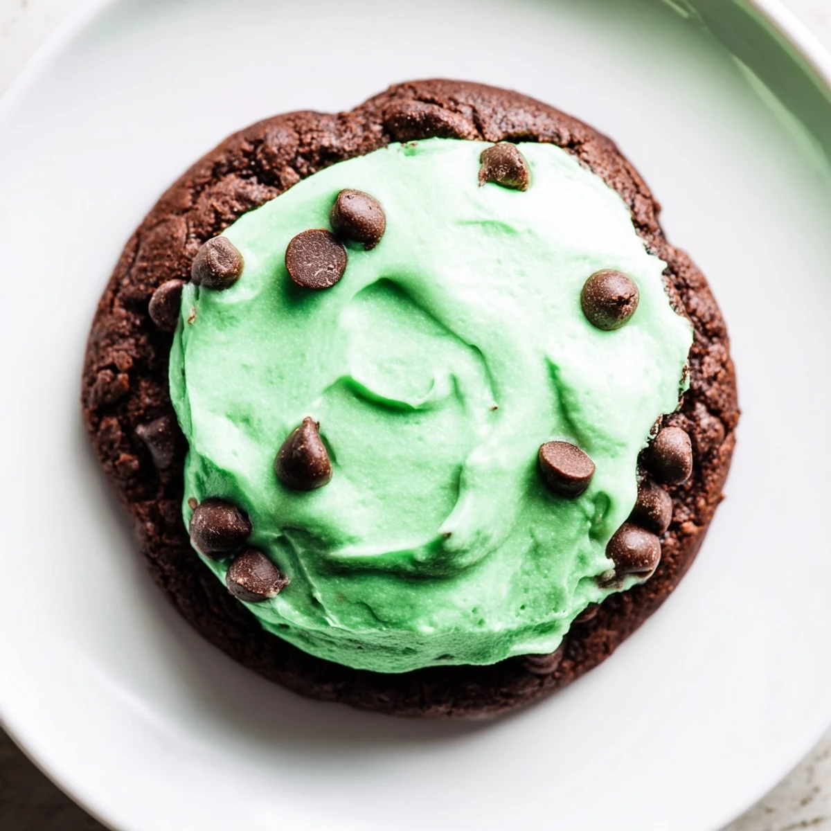 A close-up view of chocolate mint cookies with vibrant green frosting, showing rich, fudgy textures and festive sprinkles on a white plate.