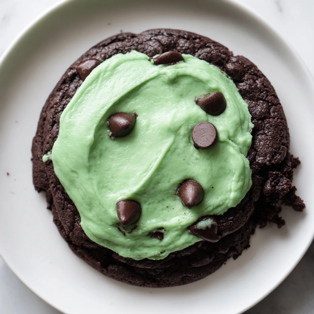 Chocolate mint cookies arranged on a marble counter, their glossy green frosting catching the light alongside a glass of cold milk.