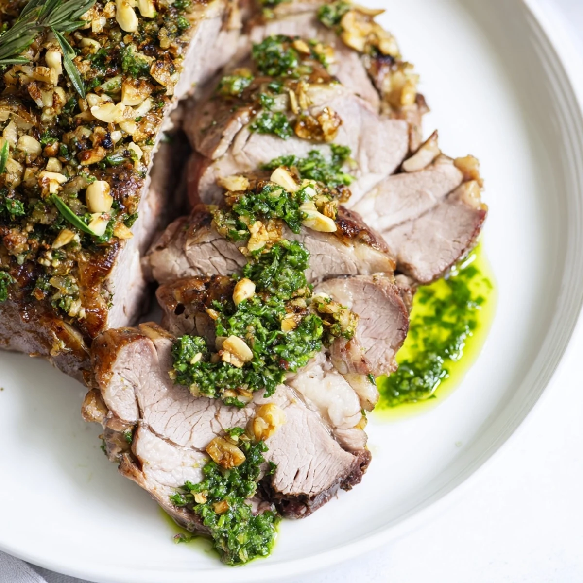 Sliced Roasted Leg of Lamb with vibrant mint sauce and roasted vegetables on a rustic platter, perfect for a festive gathering.