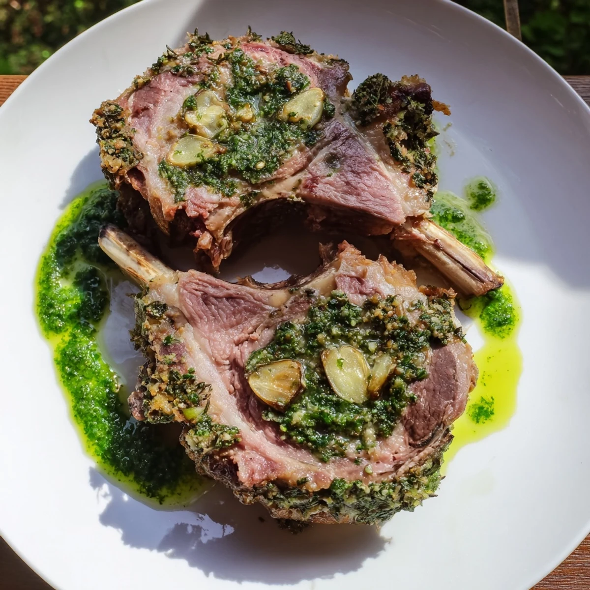 Golden-brown Roasted Leg of Lamb resting on a cutting board, garnished with fresh rosemary and thyme before carving.