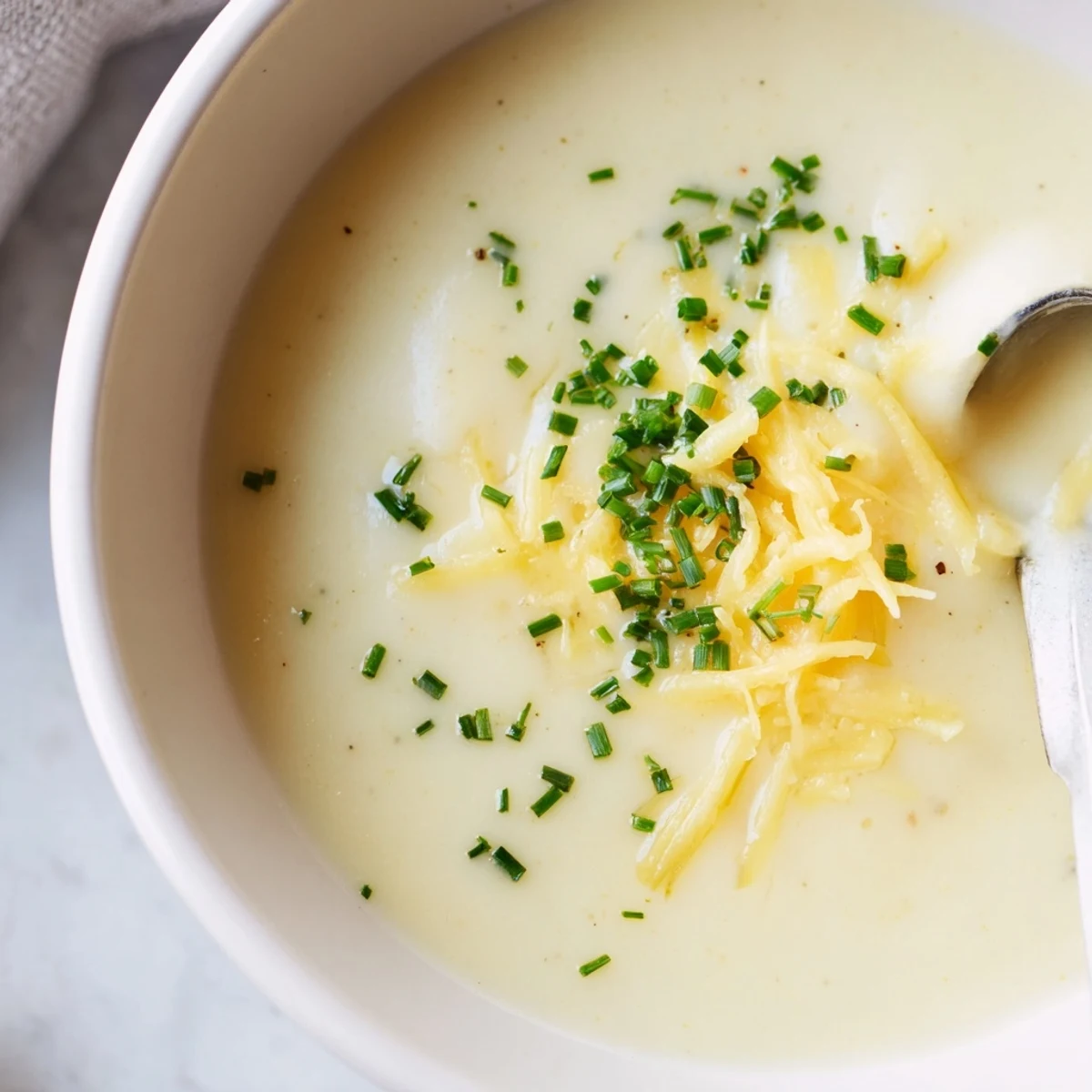 A ladle of rich Irish Potato Leek Soup with Cheddar poured from a pot, showcasing its velvety texture and savory steam.