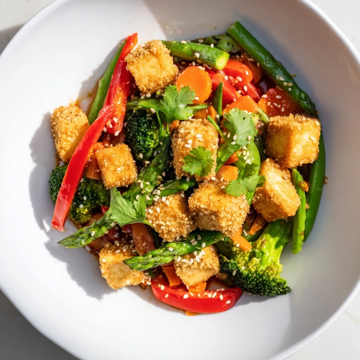 Crispy golden tofu cubes and fresh spring vegetables glisten in a light sauce, served hot in a white bowl.  
