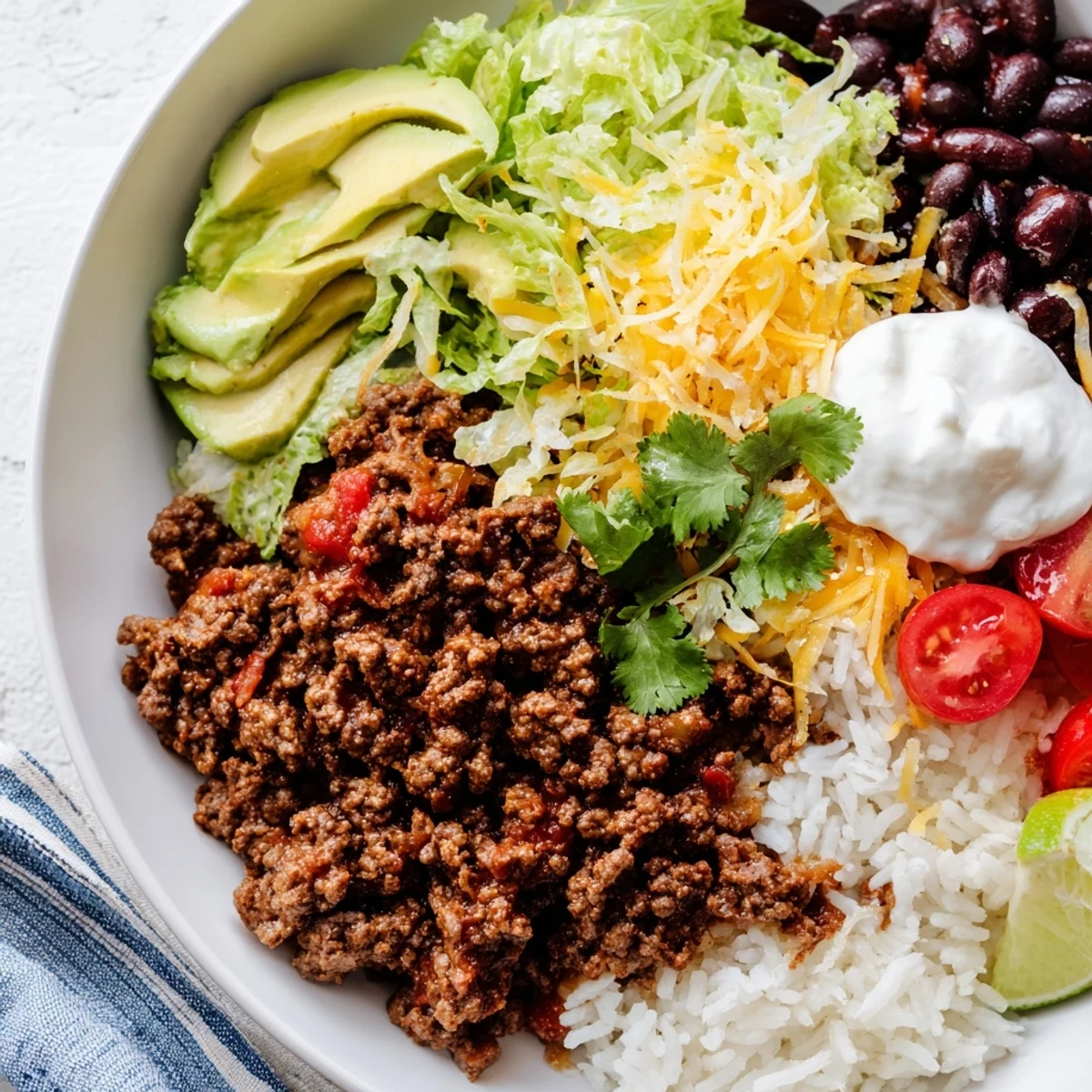 Colorful Beef Burrito Bowls with fluffy rice, seasoned beef, black beans, and lime wedges, perfect for customizing with your favorite toppings.