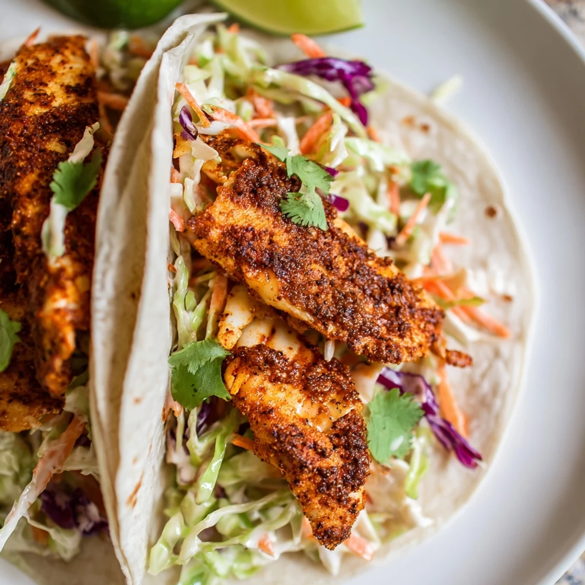 Warm corn tortillas cradle Cajun Spiced Fish Tacos with Slaw, featuring golden-brown fillets topped with crisp cabbage and fresh cilantro.
