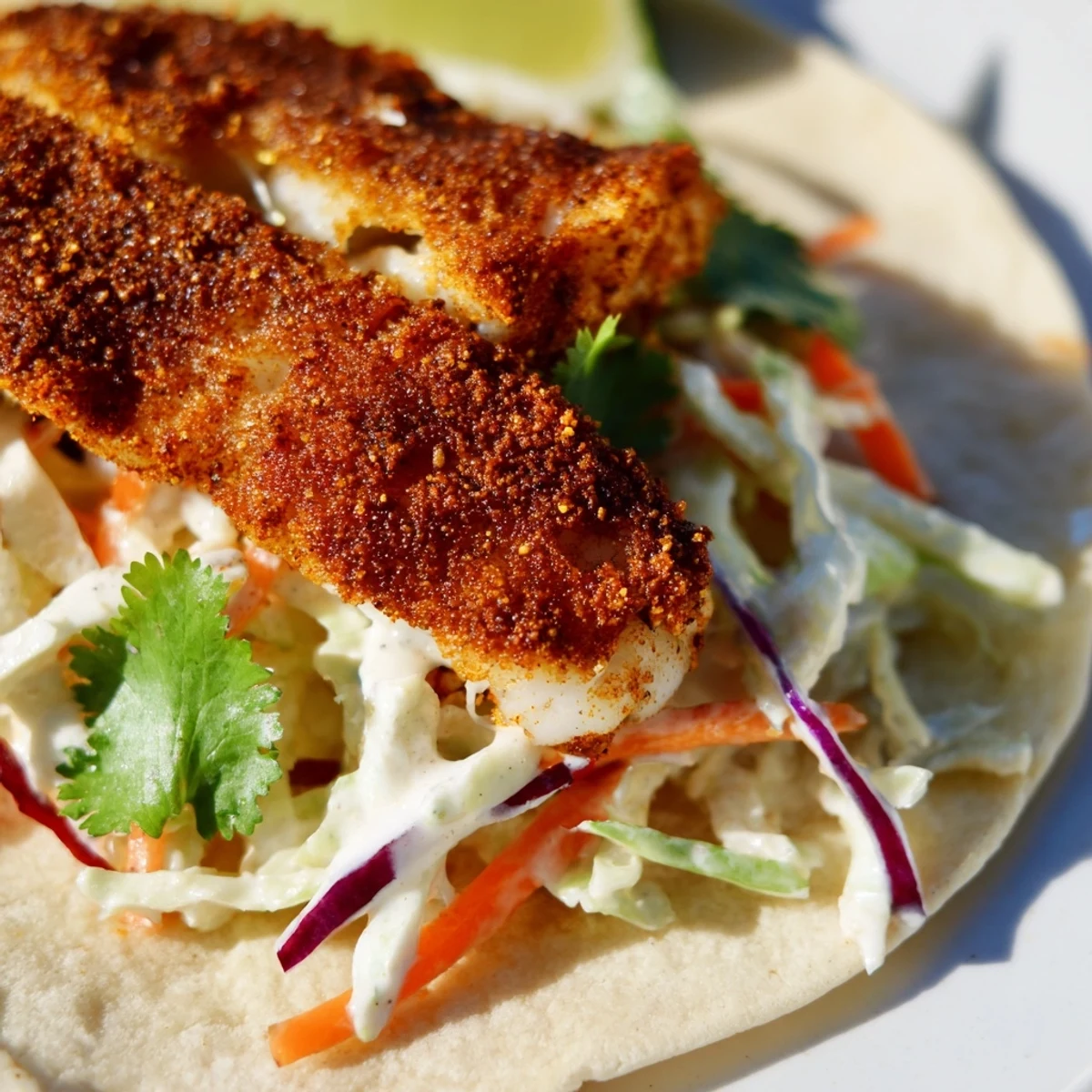 A close-up of Cajun Spiced Fish Tacos with Slaw shows flaky white fish nestled in soft tortillas beside a vibrant, tangy slaw.