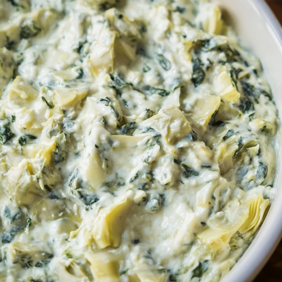 A warm, bubbling Creamy Spinach and Artichoke Dip fresh from the oven, topped with golden, melted cheese.  