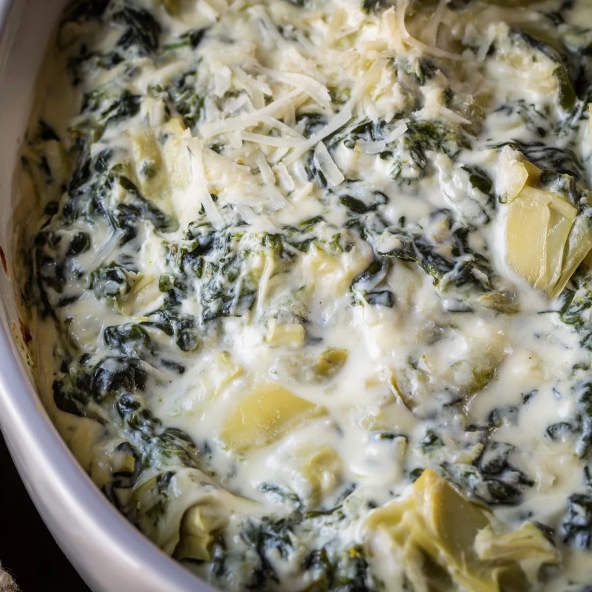 Golden-baked Creamy Spinach and Artichoke Dip served with toasted bread and crackers on a rustic table for sharing.