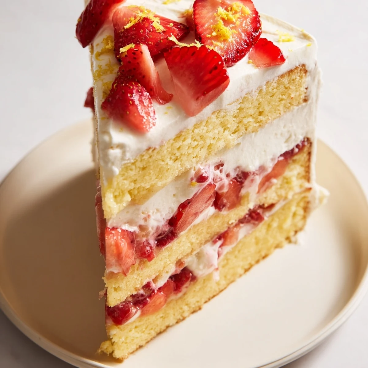 Slice of Strawberry Lemonade Layer Cake on a white plate, ready to serve with a glass of homemade lemonade.
