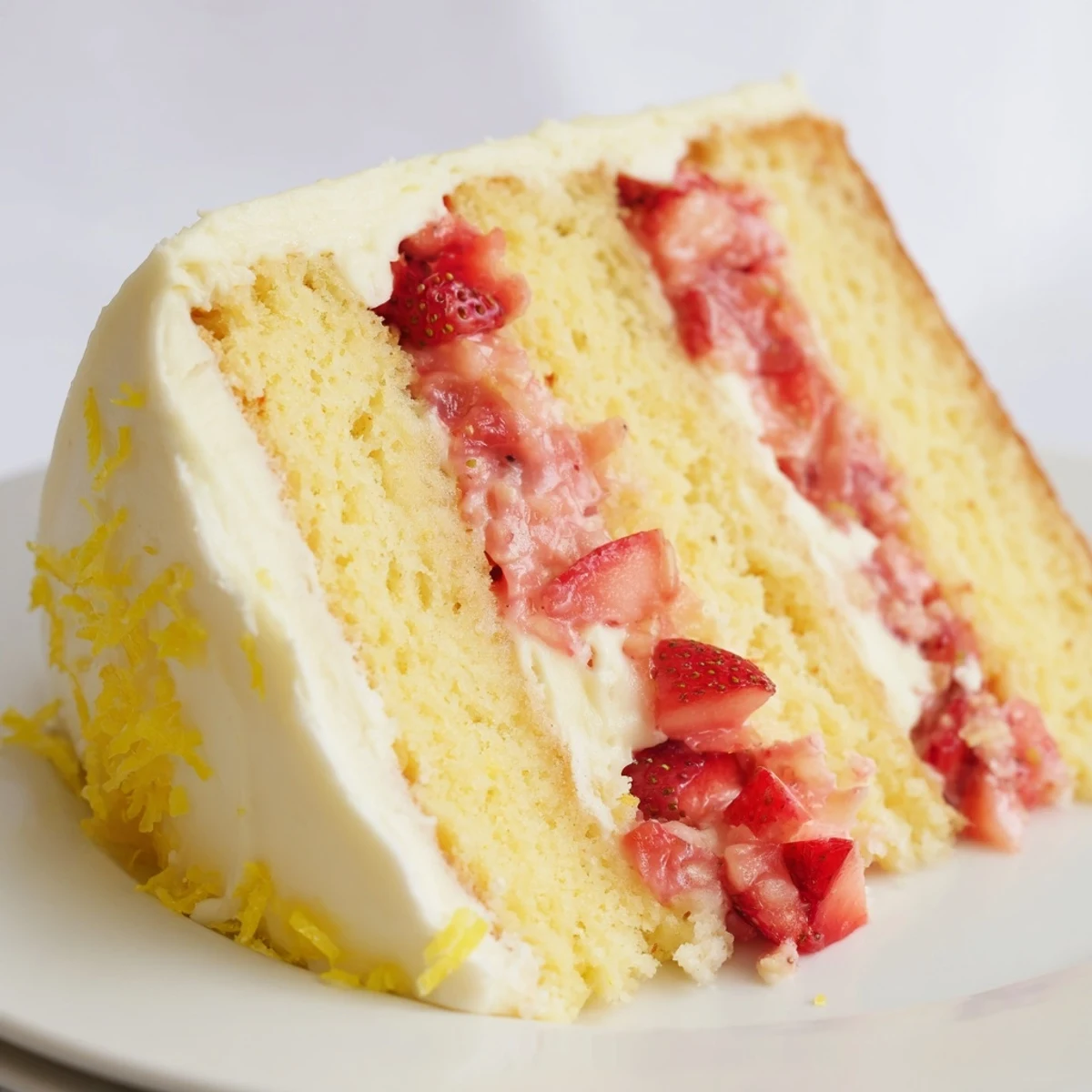 Vibrant summer dessert: a layered Strawberry Lemonade Layer Cake decorated with fresh berries and lemon zest.