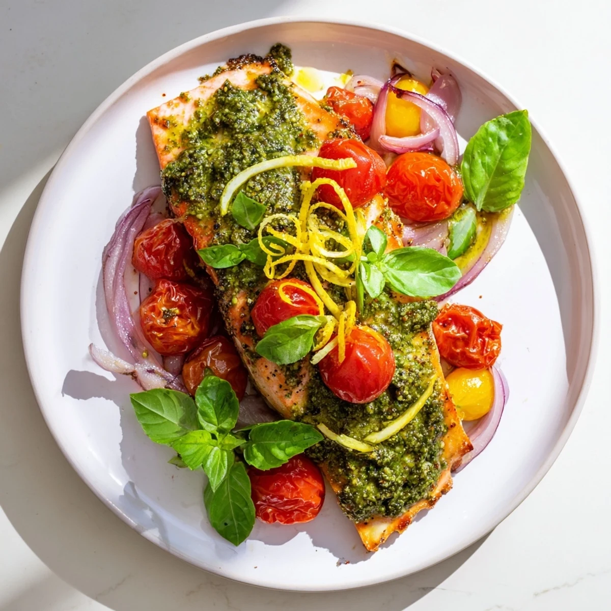Golden-baked salmon fillets glistening with vibrant green pesto and blistered cherry tomatoes, ready to serve.