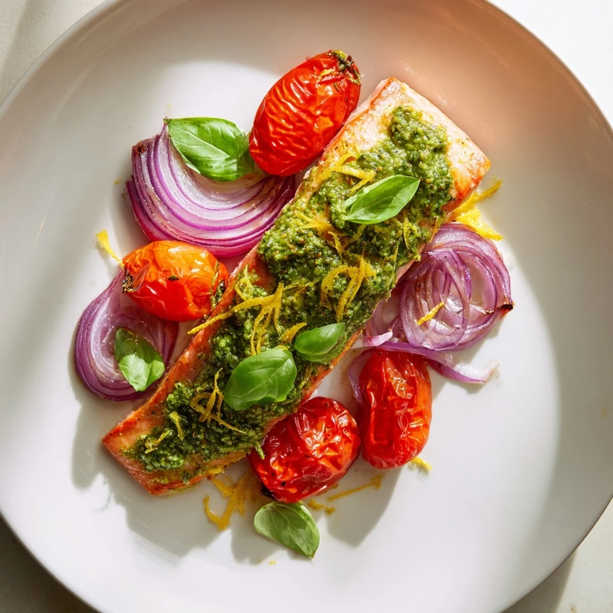 Tender baked salmon with pesto and cherry tomatoes, garnished with fresh basil and lemon wedges.
