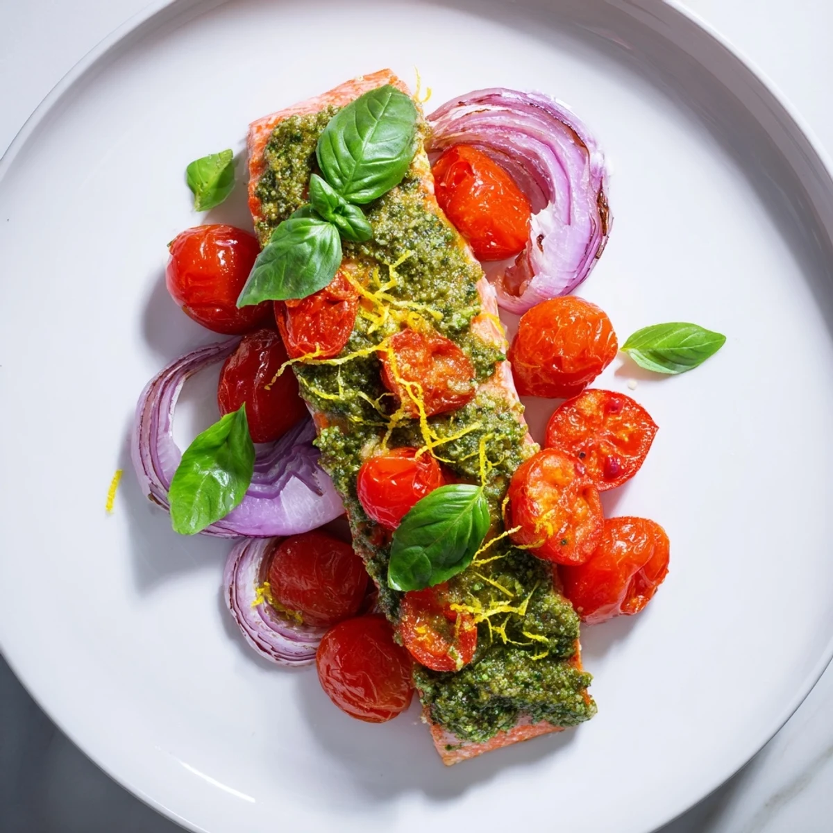A close-up of flaky salmon with aromatic pesto and roasted tomatoes, perfect for weeknight dinner.