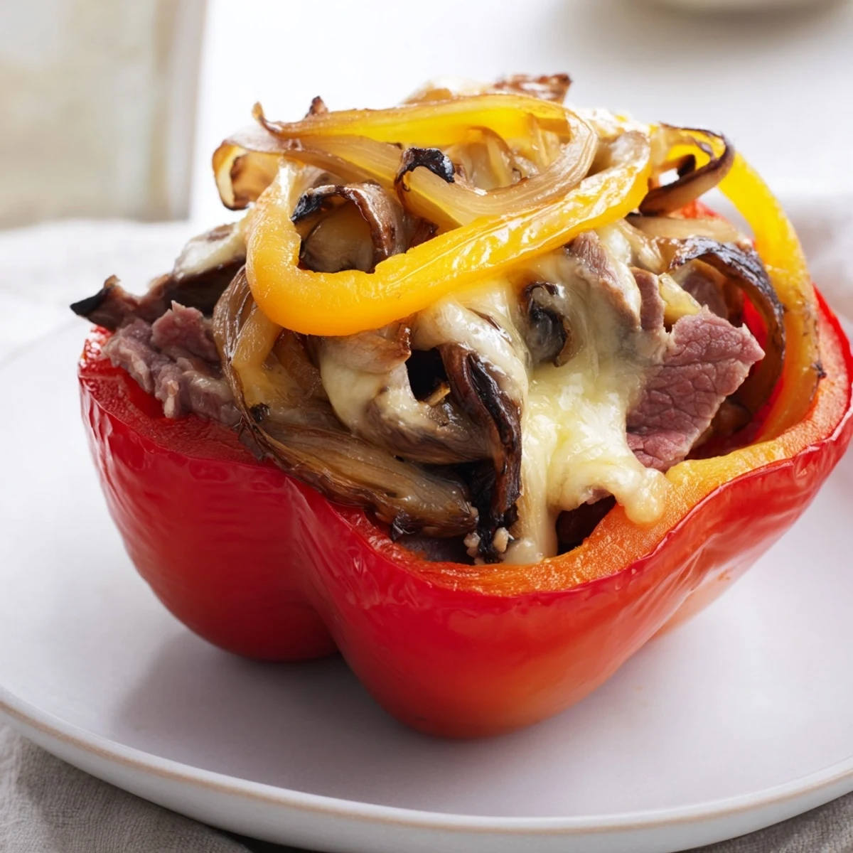 A low-carb version of the classic Philly cheesesteak, featuring bubbly cheese and colorful bell pepper halves.