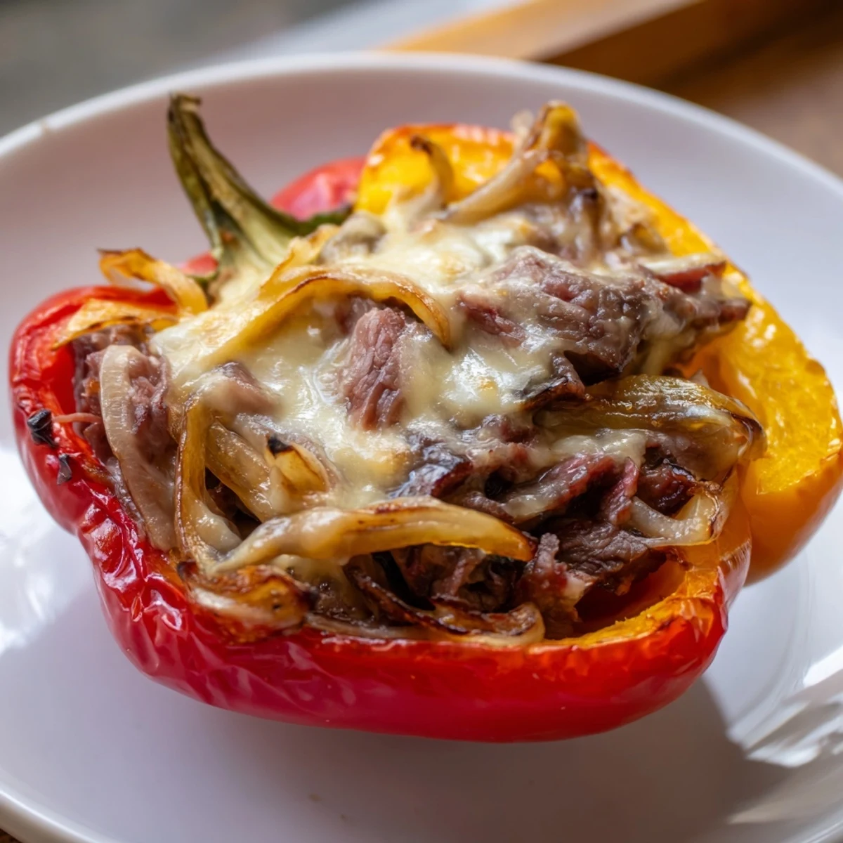 Tender bell peppers loaded with savory beef, onions, and melted provolone in this Beef Philly Cheesesteak Stuffed Peppers recipe.