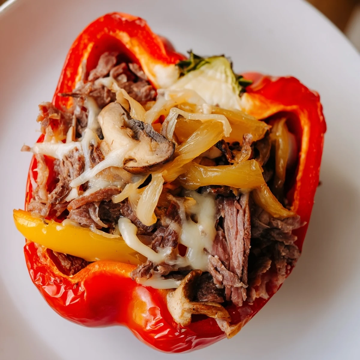 These Beef Philly Cheesesteak Stuffed Peppers are served warm with sautéed beef and onions in a baked pepper.