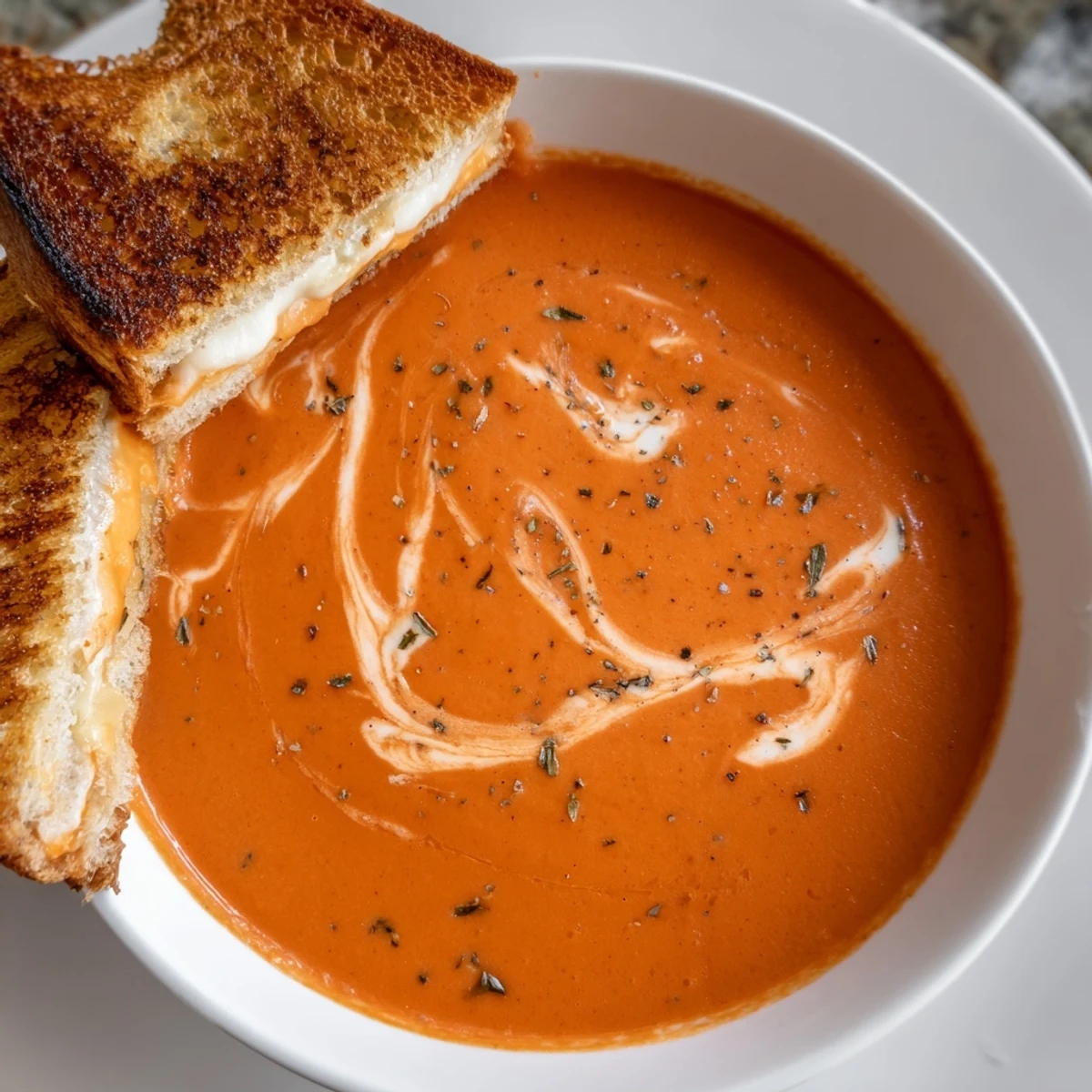 Velvety Creamy Tomato Soup with Grilled Cheese Dippers in a rustic bowl with golden toast strips.