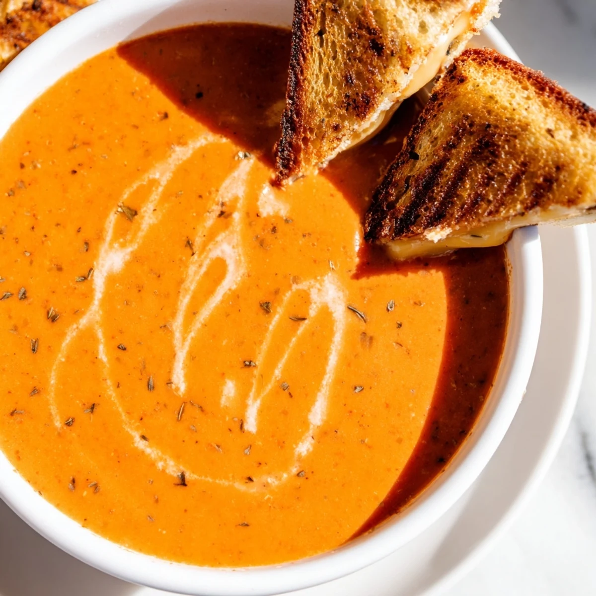 Creamy Tomato Soup with Grilled Cheese Dippers served hot beside melted cheddar dippers on a wooden table.