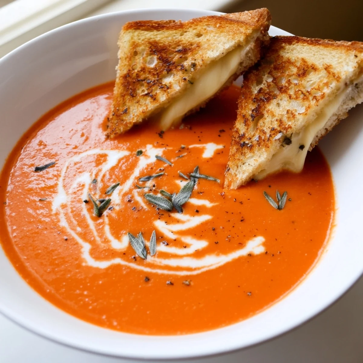 A close-up of Creamy Tomato Soup with Grilled Cheese Dippers, steam rising from the vibrant red soup.