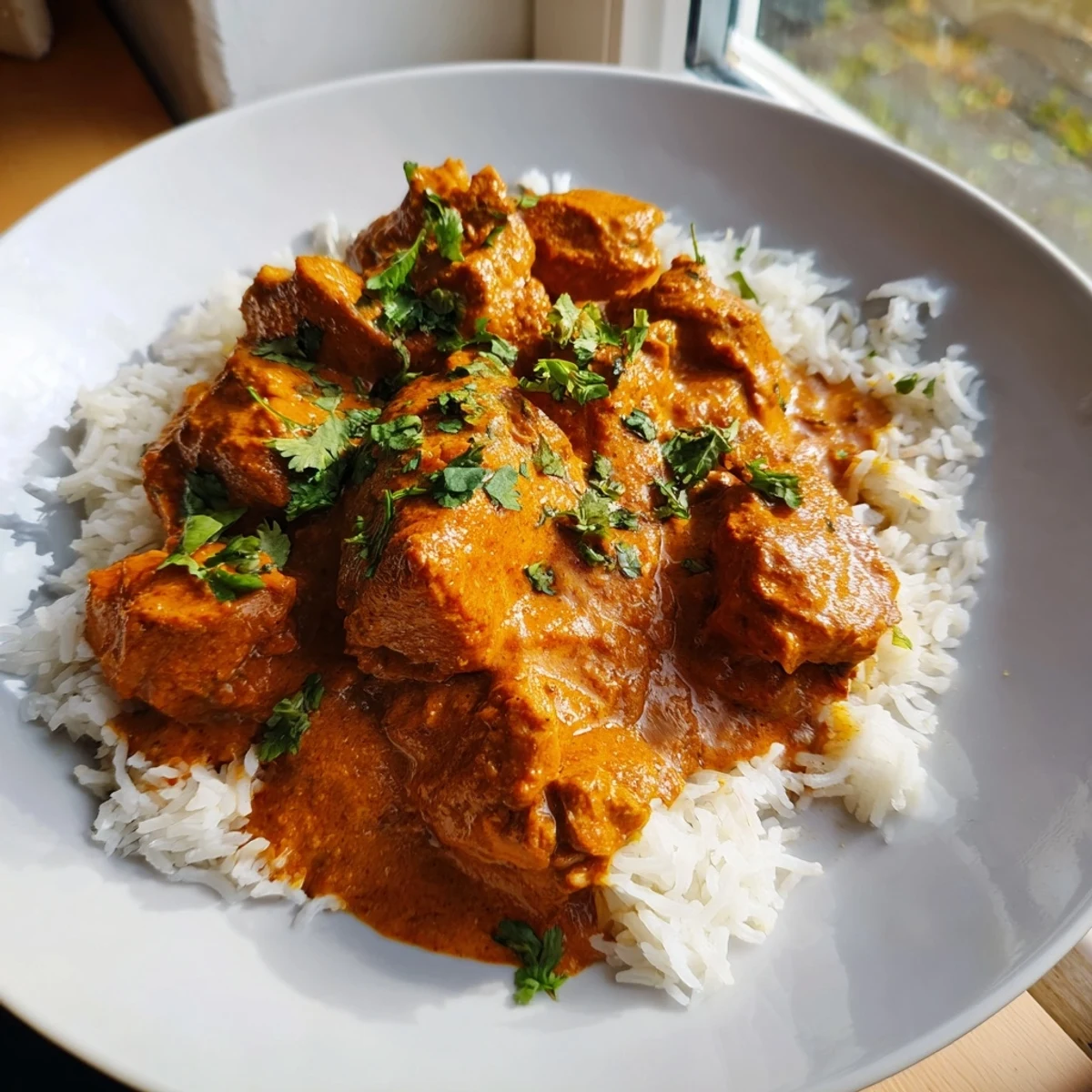 Bright orange chicken tikka masala with basmati rice in a ceramic bowl garnished with fresh cilantro and a spoon ready to serve.