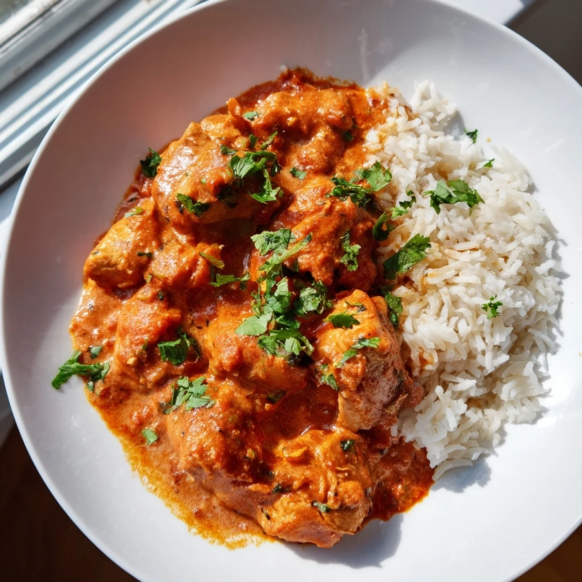Close up of Chicken Tikka Masala with Basmati Rice showing tender chicken pieces coated in a rich spiced sauce over steaming grains.
