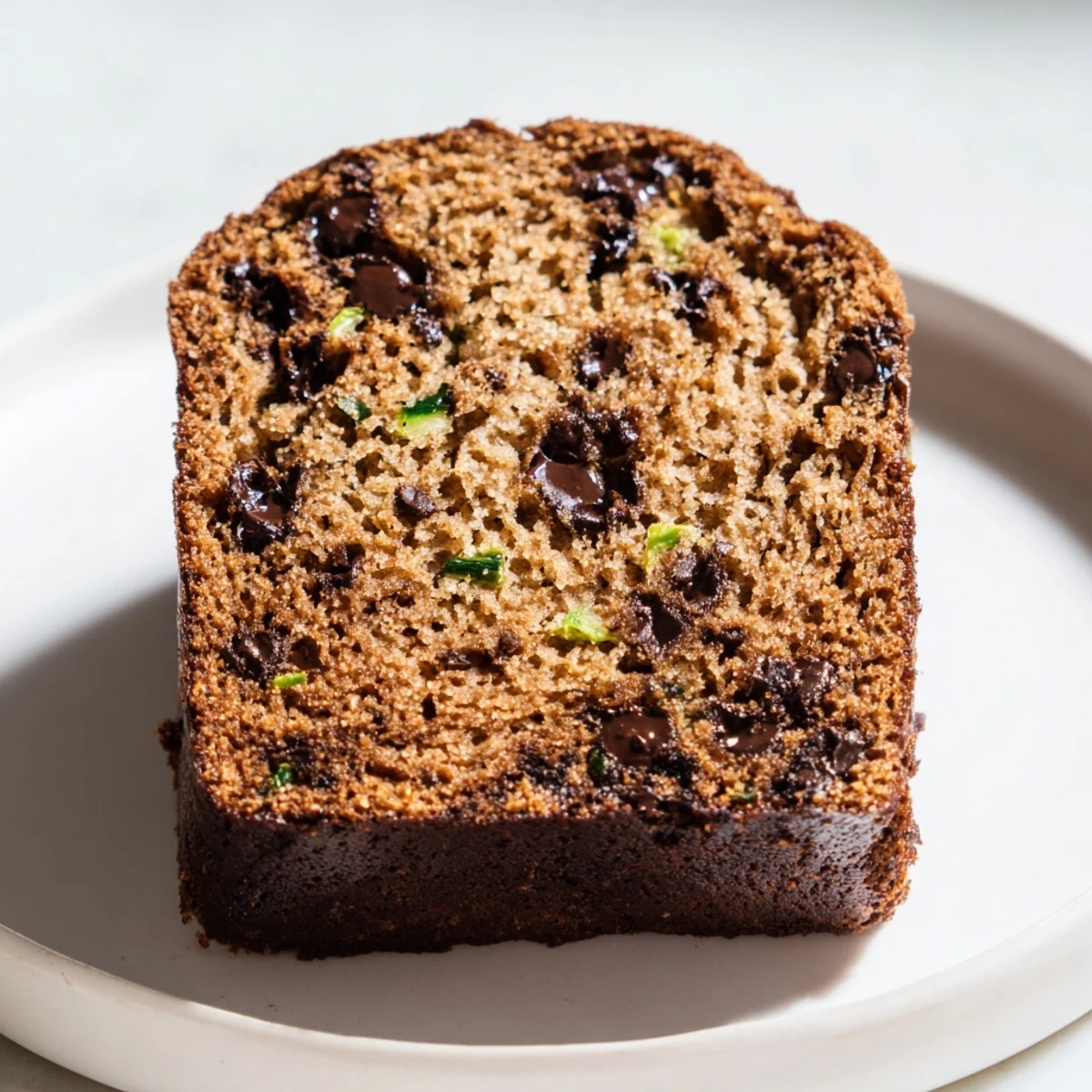A close-up slice of Chocolate Chip Zucchini Bread reveals a moist crumb studded with melting chocolate chips.