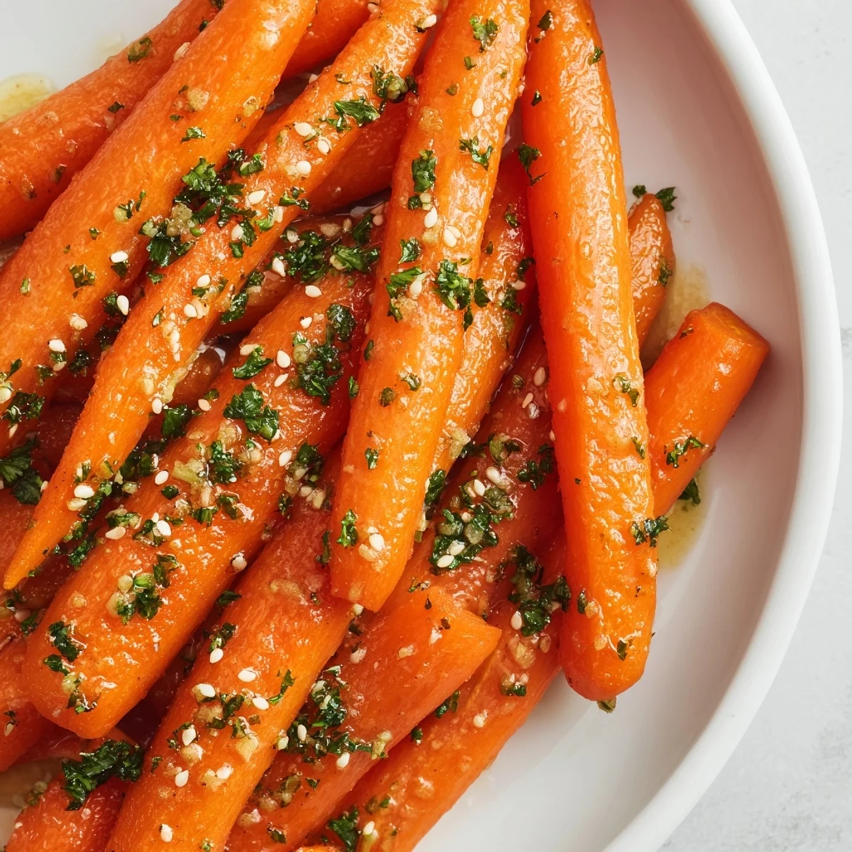 Freshly roasted carrots with honey glaze glisten on a platter, garnished with parsley and sesame seeds for a vibrant side dish.