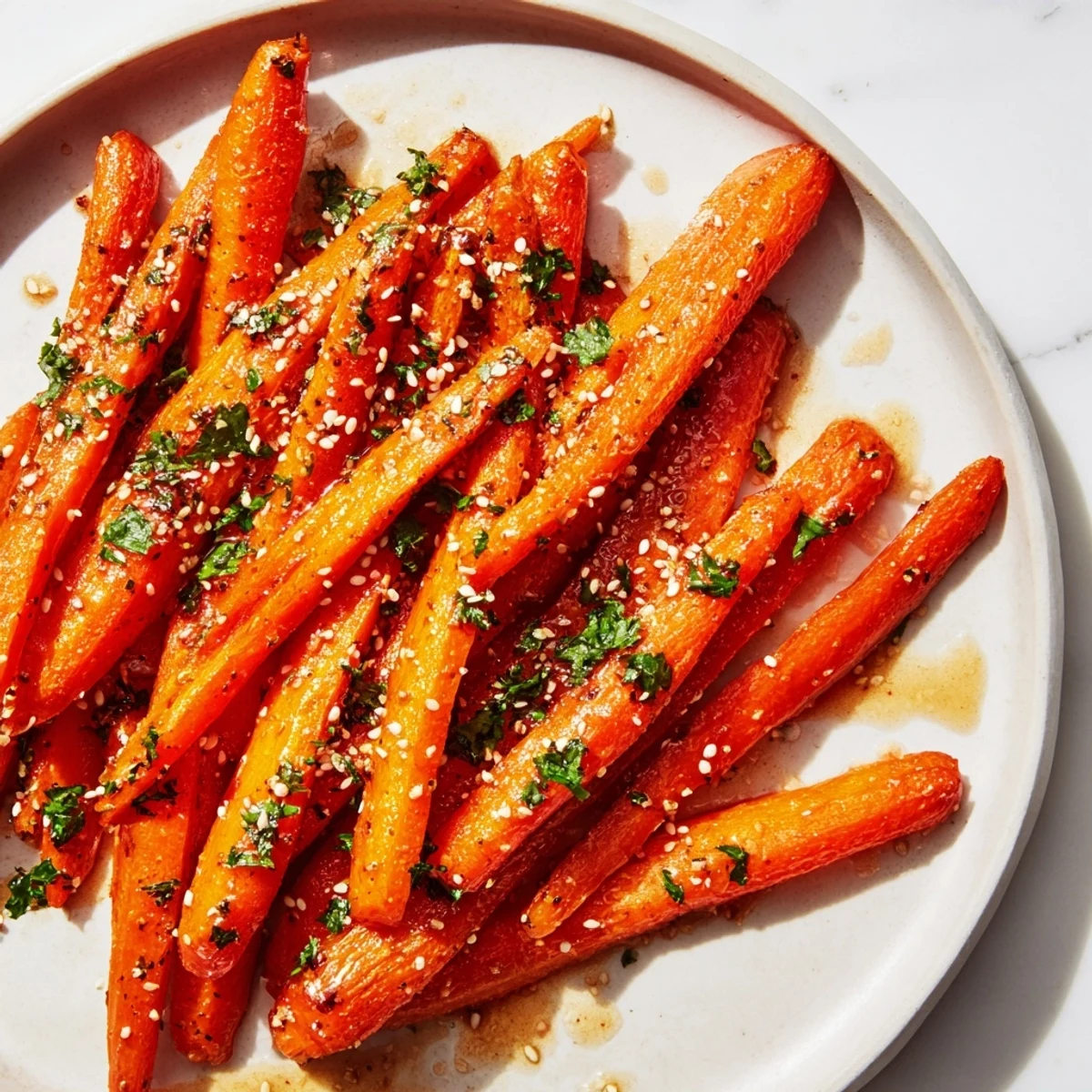 Tender honey glazed roasted carrots sit on a serving dish, their caramelized edges and herbs creating an inviting dinner side.