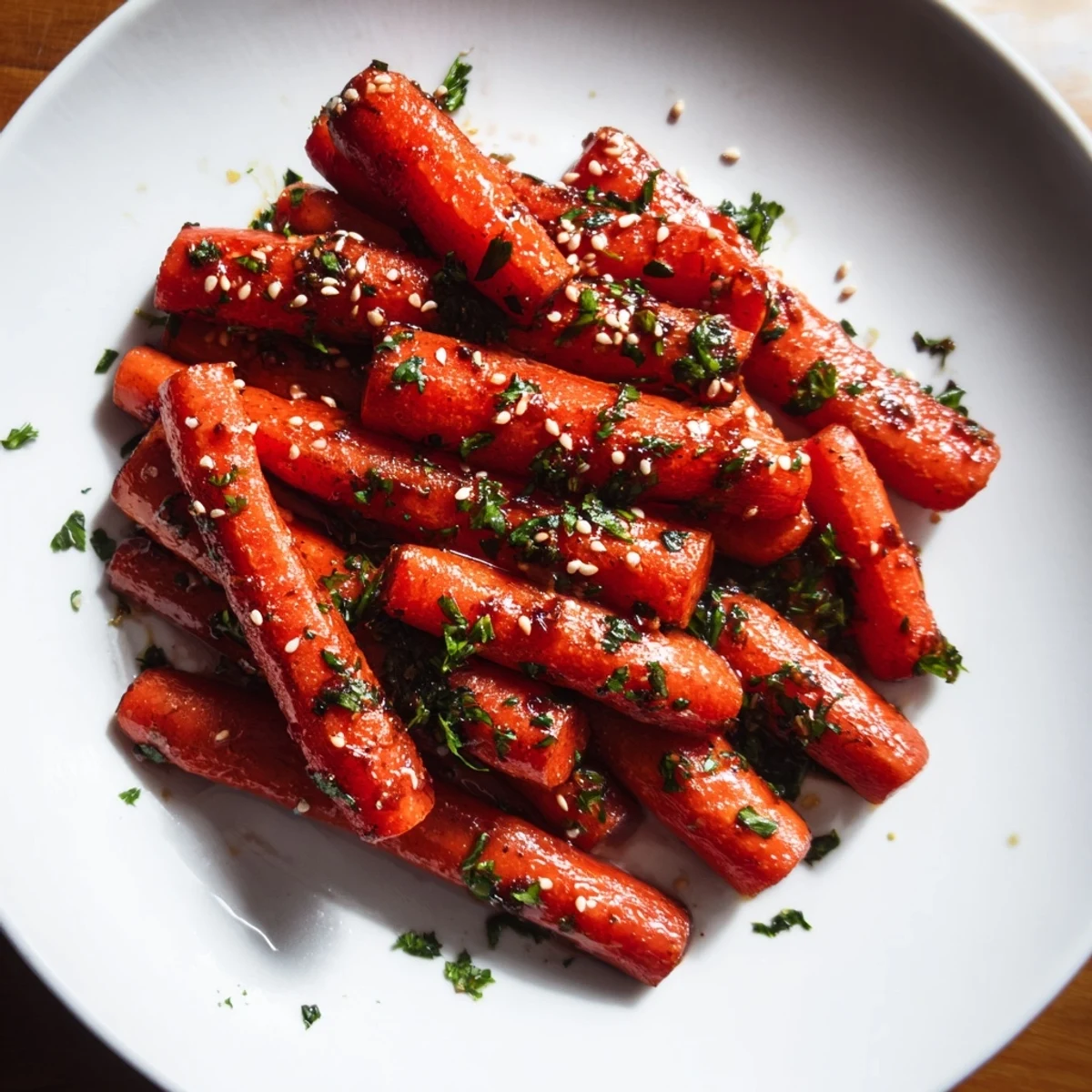 A close-up shows golden roasted carrots with honey glaze, steaming slightly and garnished with parsley and nuts for texture.