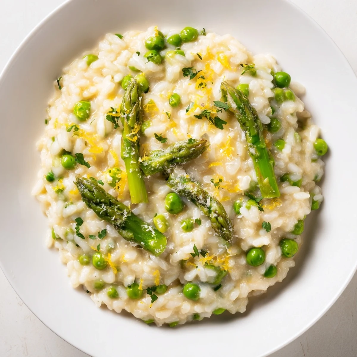 Spring Pea and Asparagus Risotto steaming in a shallow white bowl, ready to be served as a comforting vegetarian main dish.