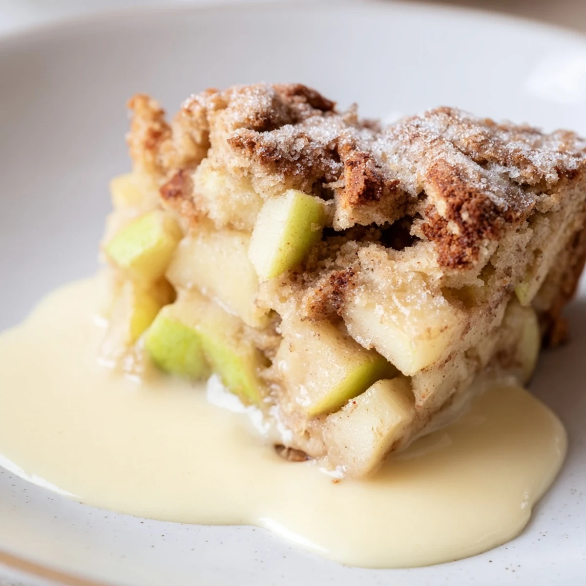 Fresh slices of Irish Apple Cake with Custard, topped with creamy vanilla sauce, resting on a rustic wooden board.