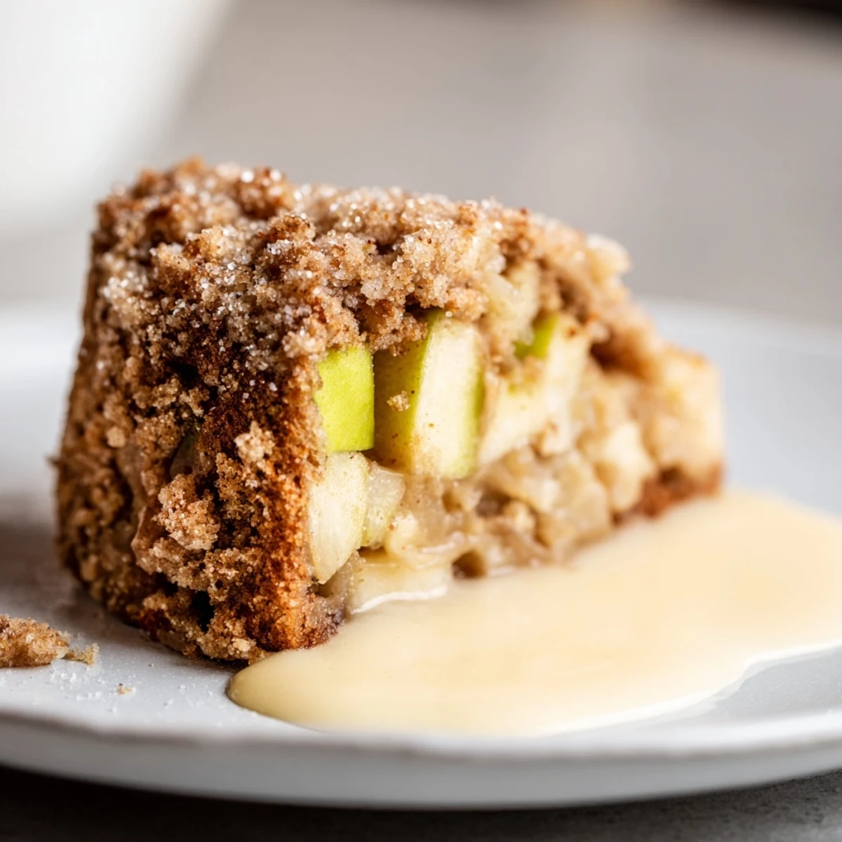 Warm Irish Apple Cake with Custard served on a white plate, beside a steaming cup of Irish breakfast tea.