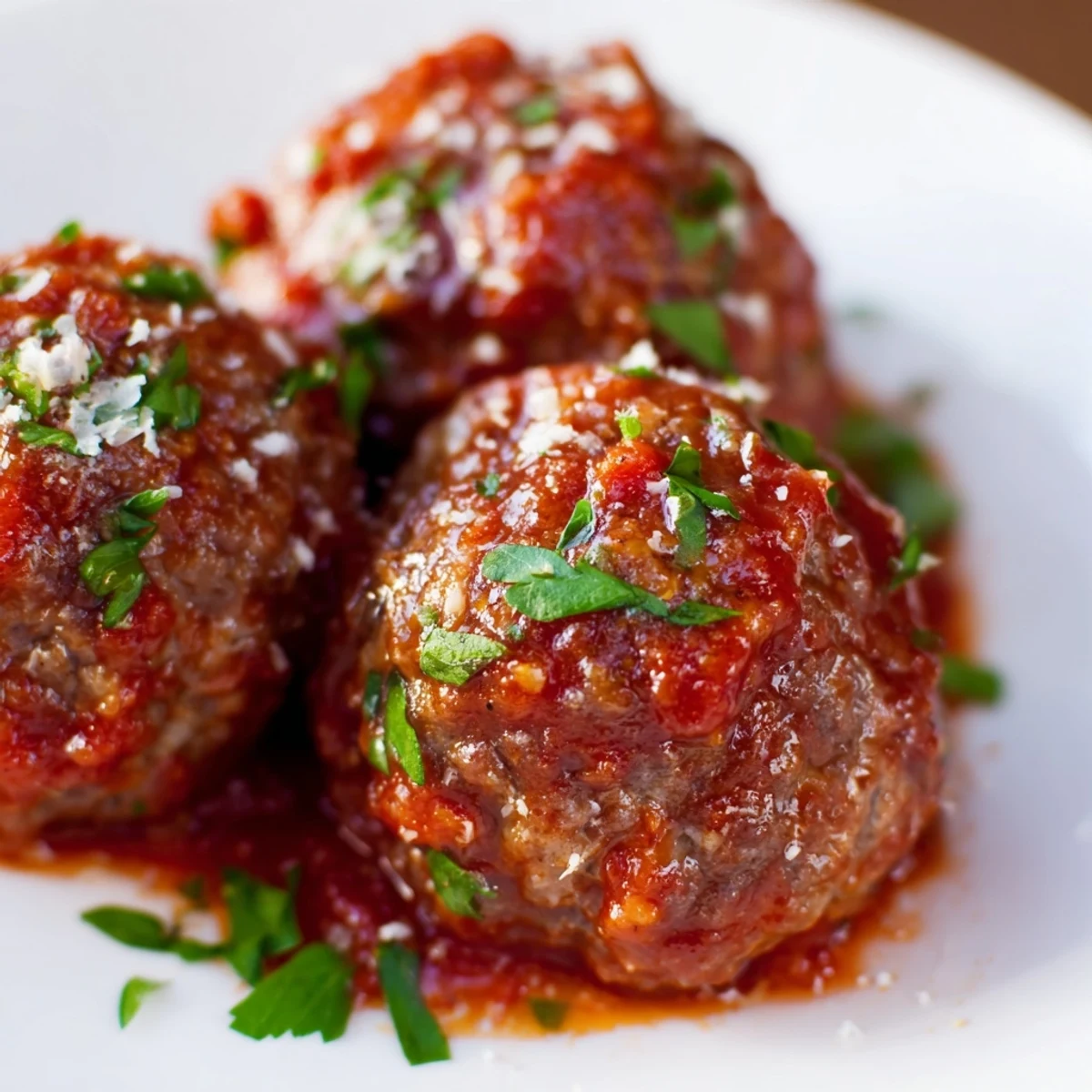 Tender beef meatballs in marinara sauce nestle together in a rustic skillet with crusty bread on the side.