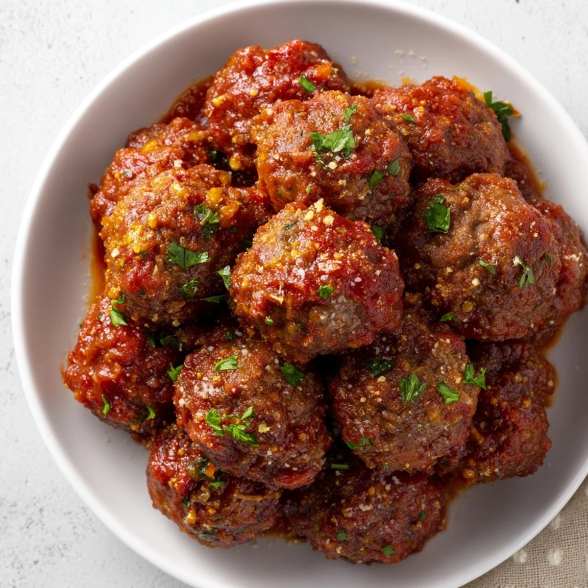 Golden-brown beef meatballs simmer in a glossy, chunky marinara sauce, served over a bed of spaghetti.