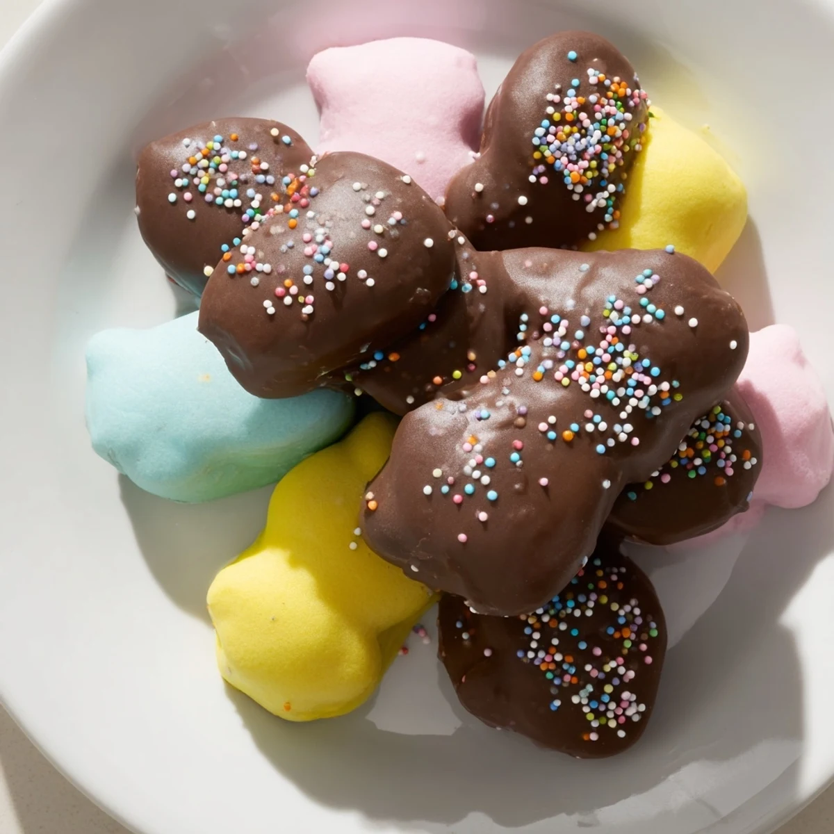 Festive Chocolate Covered Marshmallow Peeps with glossy melted chocolate and colorful sprinkles, arranged on a white plate for a sweet treat.
