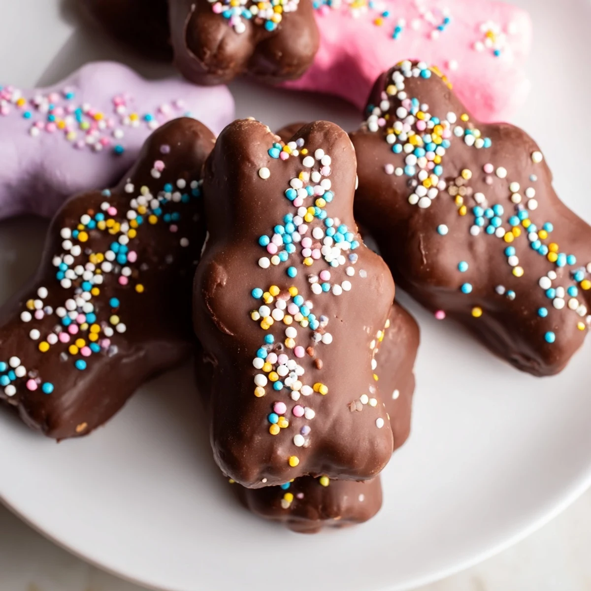Brightly colored Chocolate Covered Marshmallow Peeps dipped in smooth chocolate, set on a marble surface, perfect for Easter celebrations or party favors.