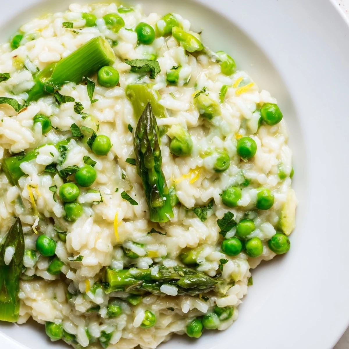 A skillet of Spring Pea and Asparagus Risotto, steaming beside a glass of white wine.