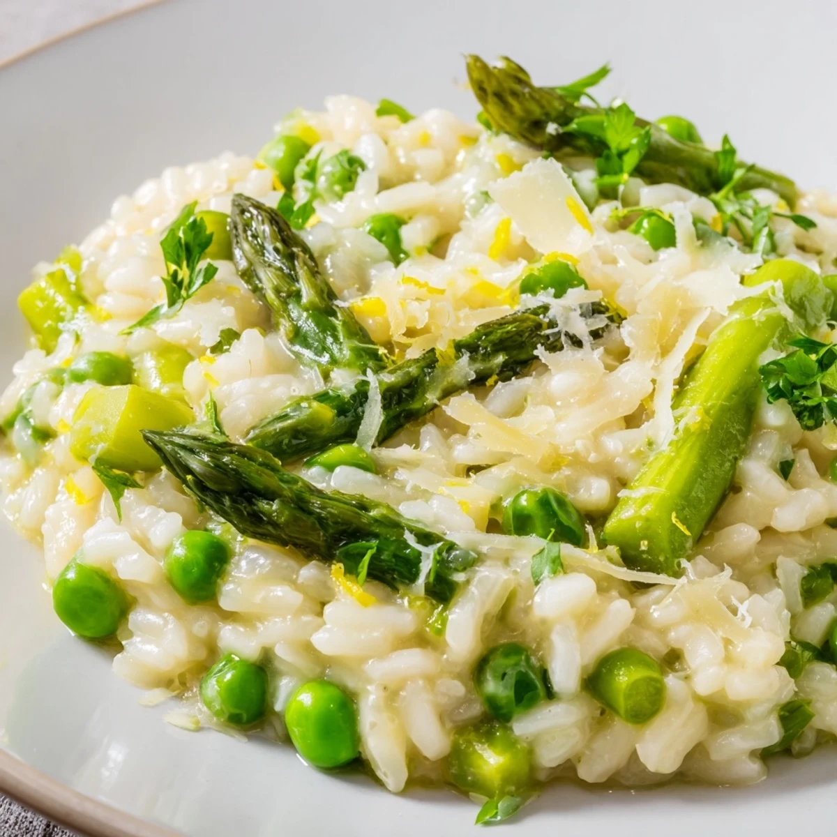 Close-up of Spring Pea and Asparagus Risotto, showing tender green veggies and melted Parmesan.