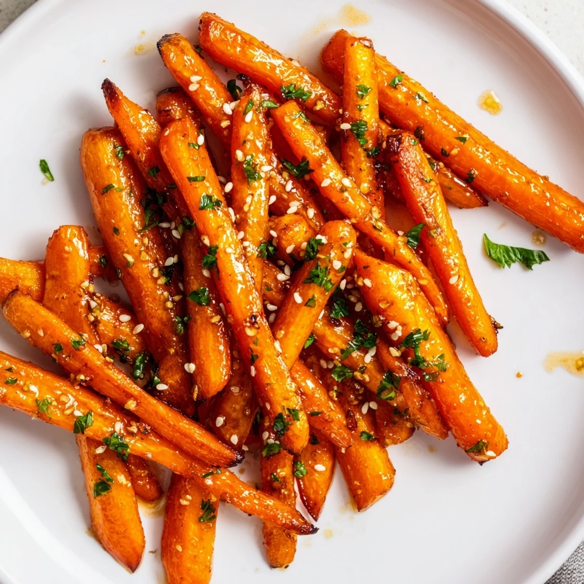 Roasted carrots with honey glaze glisten on a platter with fresh parsley and sesame seeds.